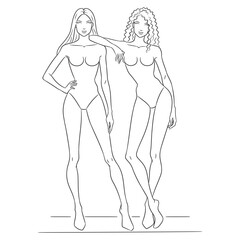 A professional fashion croquis template featuring two female models posing. This clean and minimalistic line art sketch is perfect for fashion designers, illustrators to create stylish outfit designs