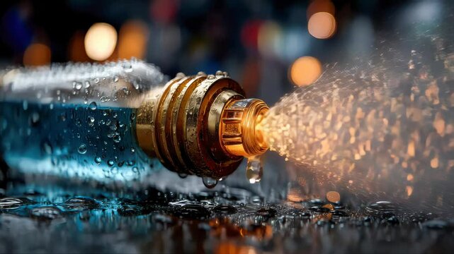 Dynamic perfume bottle misting water with light trails and water droplets, vibrant and glowing with energy