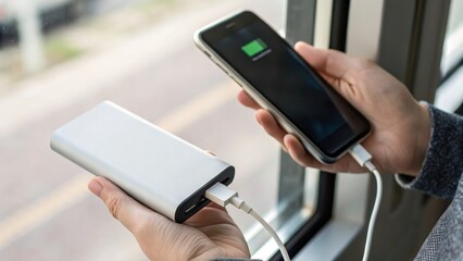 A person is charging a smartphone using a portable power bank while sitting by a window.