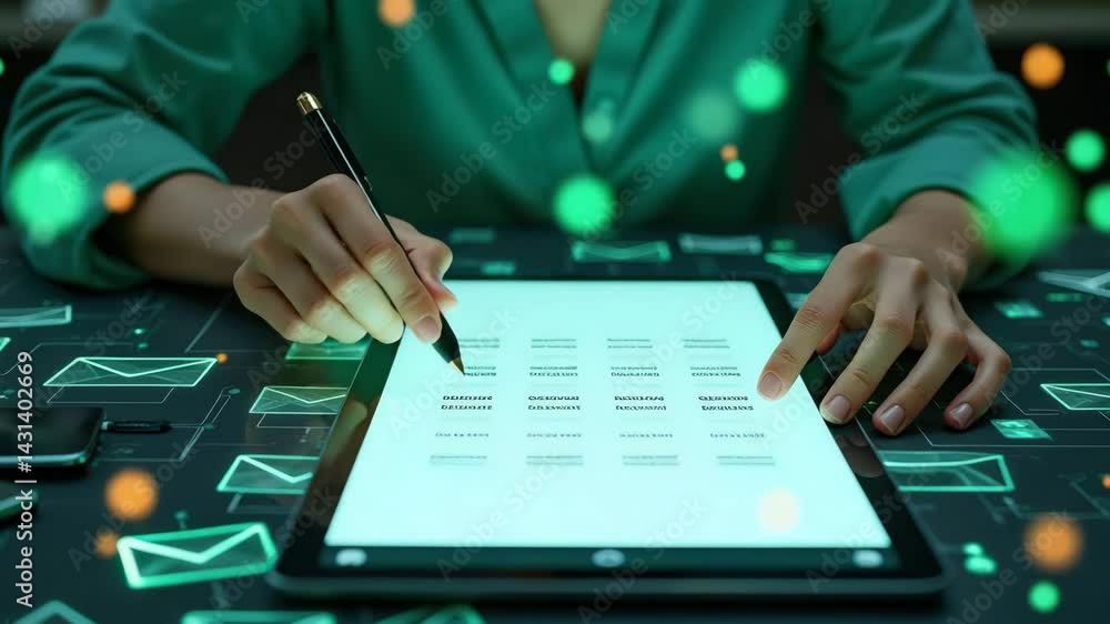 Poster a person is interacting with a digital tablet displaying email icons, illuminated with green lights,