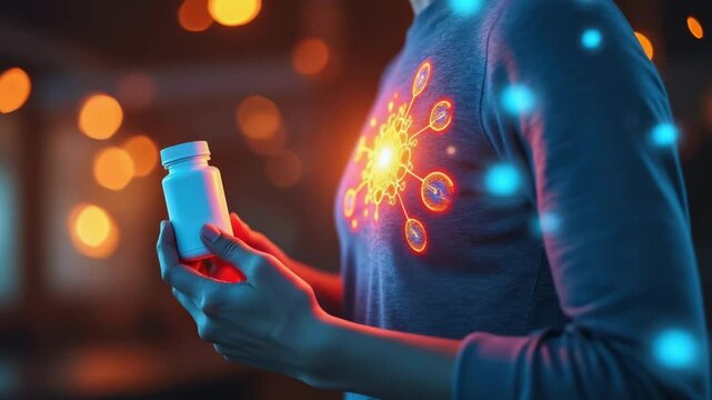 Immune system medical pill, A person holds a medication bottle while a glowing molecular structure is displayed on their chest, symbolizing health and wellness.