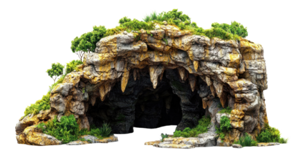 Rocky cave entrance covered with moss isolated on transparent background.png