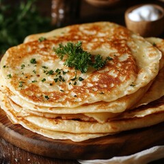 Delicious Pancakes Stacked on a Wooden Board with Herbs  