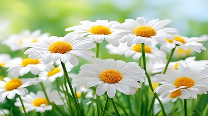 Obraz premium A cluster of white daisies with yellow centers, blooming in a field of green grass