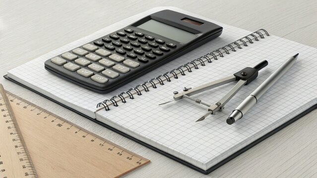 Flat lay of math essentials including a calculator, compass, pen, and rulers arranged neatly on a spiral graph paper notebook. - Powered by Adobe