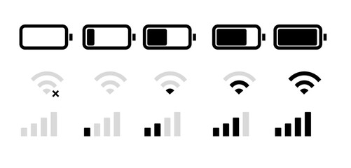 Phone status bar. Mobile icons set. Contains phone signal, wi fi, battery, time