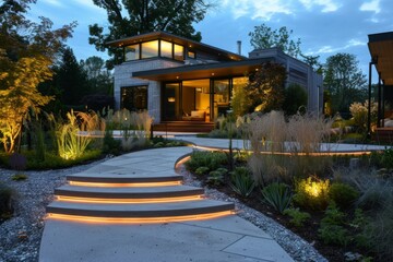 Obraz premium Modern house exterior at night with illuminated garden pathway and landscaping