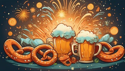 Delightful pretzels and frothy beer mugs shine bright amidst colorful explosions of fireworks.