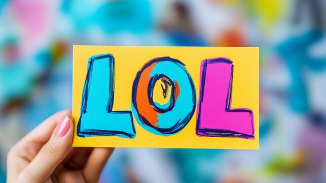 A person's hand holding a card with the word LOL written in bold, colorful letters.