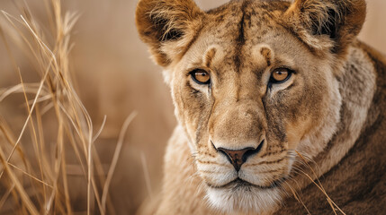 Close-up of a lioness with intense eye contact in the savannah