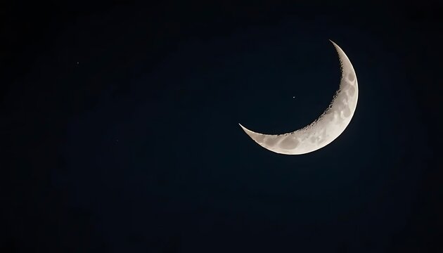 Crescent moon shining brightly in a dark night sky with a single visible star in the distance - Powered by Adobe