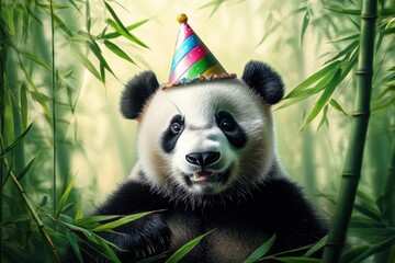 Obraz premium Adorable panda wearing party hat in bamboo forest celebration scene