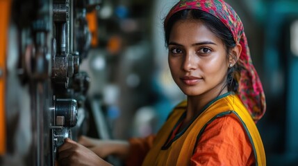 Obraz premium Indian female worker skillfully operating machinery in a factory setting, showcasing dedication and expertise in her craft