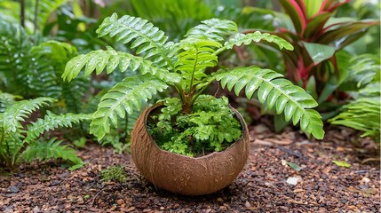 Naklejka premium A lush green fern plant growing in a repurposed coconut shell, surrounded by other greenery in a garden setting