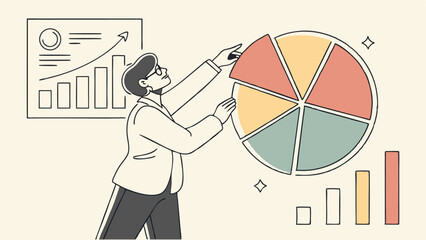 Analyst Presenting Pie Chart And Bar Graph Data On Beige Background Illustration