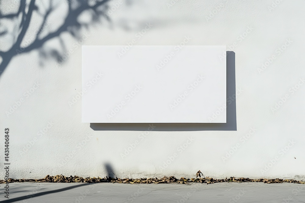 Poster A minimalistic scene featuring a blank white rectangular canvas against a textured wall, dappled with tree shadows. Great neutral space.