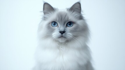 Fluffy gray and white cat with striking blue eyes