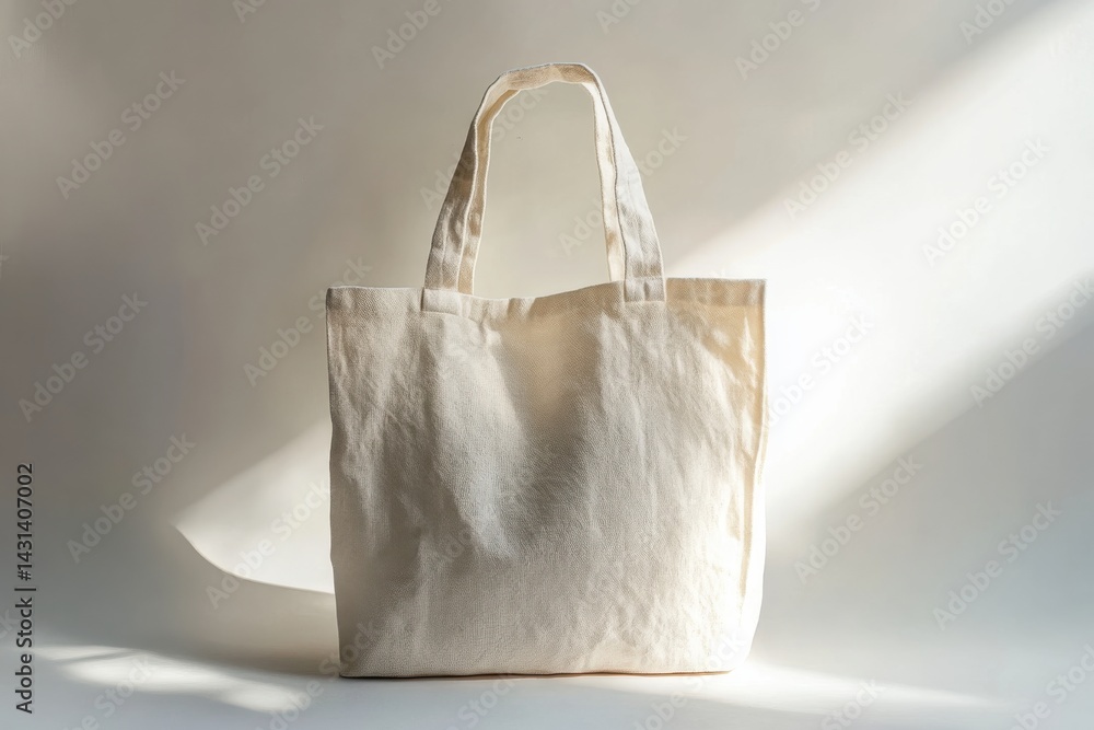 Poster an reusable plain fabric tote bag, standing empty. clean, simple and sustainable design. perfect for
