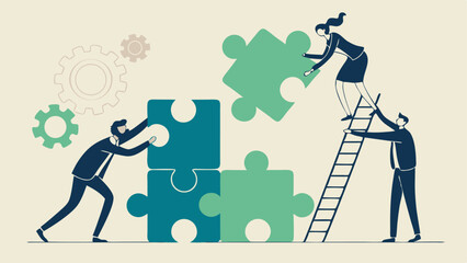 Teamwork Illustration Showing People Building Puzzle Connecting Gears For Success Collaboration