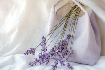 A delicate arrangement of lavender flowers cascading from a light purple linen tote bag, set against a soft, white fabric backdrop.