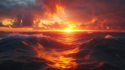 Fiery Sunset Over a Turbulent Ocean: A Dramatic Seascape