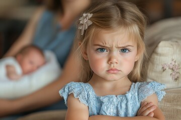 Fototapeta premium Little girl's frustrated expression captured as she stands defiantly with arms crossed while mother and baby share a tender moment