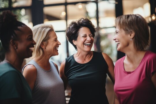 Portrait of smiling group of body positive senior diverse female in gym