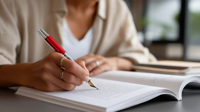 Close-up of an editor meticulously marking a manuscript with a red pen for detailed feedback and critique.