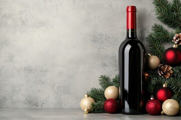 Wine bottle with festive decorations and greenery.