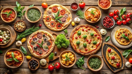 Aerial View of Assorted Pizzas on Rustic Wooden Table