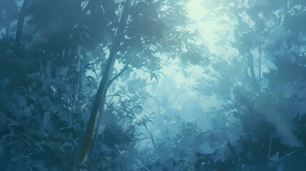 Obraz premium Lush, misty forest scene. Sunlight filtering through the dense foliage