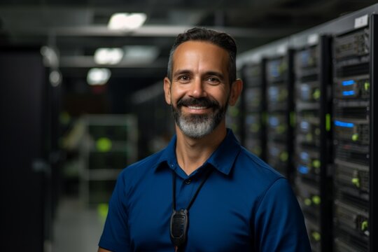 Portrait of smiling hispanic male technician in server room