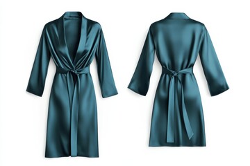 Elegant teal robe front and back view, tied at the waist. Luxurious and comfortable for lounging, perfect for a spa day or relaxing at home.