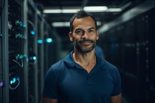 Portrait of smiling hispanic male technician in server room