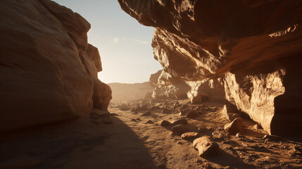 Desert canyon at golden hour with red rock formations