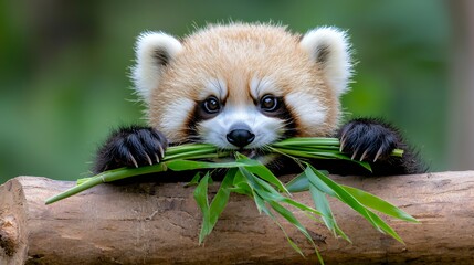 Obraz premium Red panda eating bamboo leaves