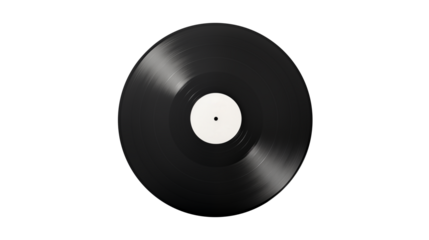 A vinyl record with a white label is centered in the composition isolated on transparent background	