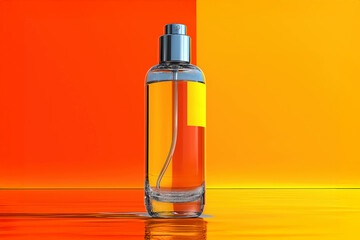 Naklejka premium Transparent perfume bottle on orange and yellow background reflecting on water