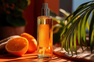 Transparent perfume bottle displayed with fresh oranges and tropical plants, creating a summery atmosphere