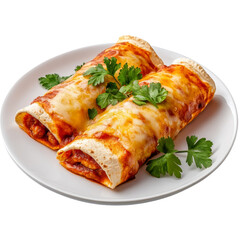 Delicious enchiladas served on white plate, topped with melted cheese and fresh cilantro, showcasing vibrant red sauce. perfect dish for any meal