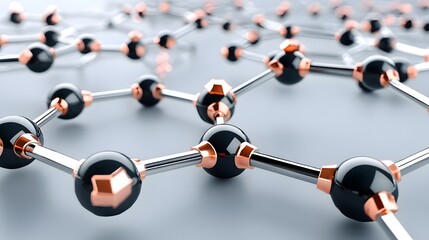Close-up view of interconnected black and copper molecules, representing the intricate structure of materials in chemistry and physics, ideal for educational and research purposes.
