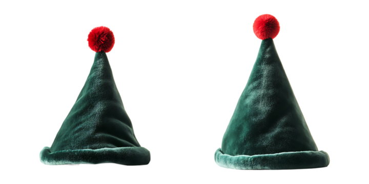 Buy Christmas elf hats green velvet with red pom pom holiday costume party supplies online shop now isolated on a transparent background.
