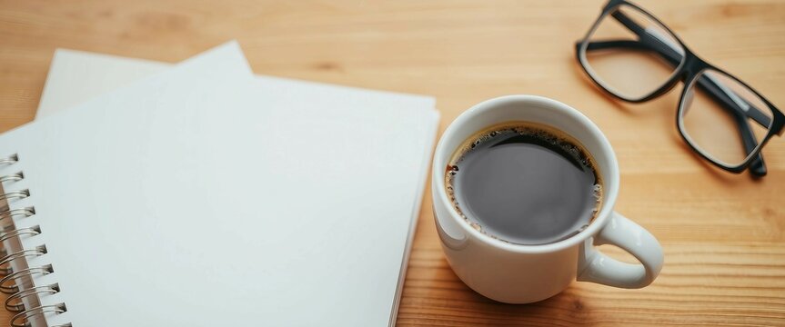 Arbeitsatmosph&auml;re mit schwarzem Kaffee, offenem Notizbuch und Brille auf hellem Schreibtisch &ndash; Fokus und Inspiration