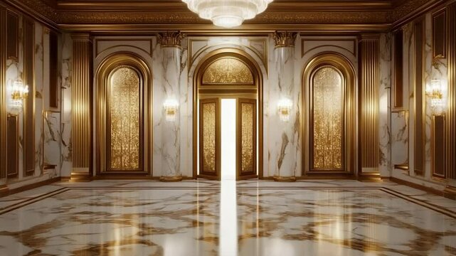 Grand entrance hallway featuring marble walls, gilded arches, chandelier, and open doors