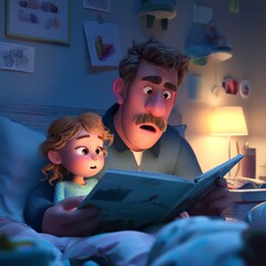 Father and child share bedtime story moment.
