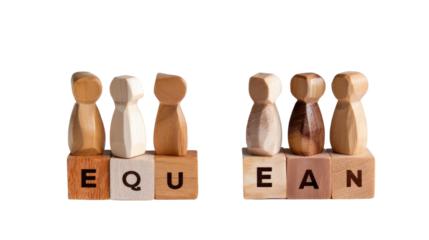 Equality Symbol: Diverse wooden figures symbolize equality, promoting unity and social balance, fostering a visual message of fair treatment and inclusion. 