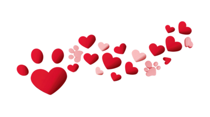 Paw Prints of Affection: An artistic portrayal of love, featuring a heart-shaped paw print trailing a cascade of vibrant red and pink hearts, signifying a boundless affection