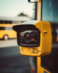 A yellow camera mounted on a pole, positioned near a road, capturing traffic or monitoring activities. Modern design and functionality.