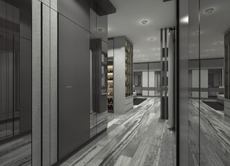 Stylish 3D corridor space design with decorative wall panels in a modern monochrome style.