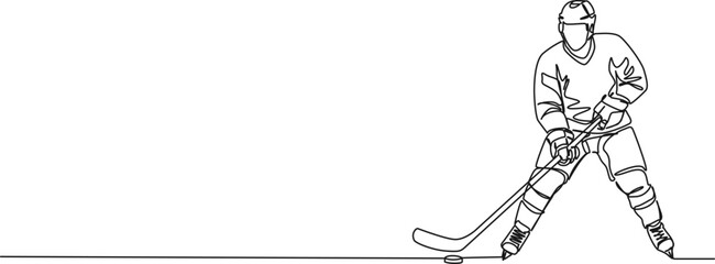 continuous single line drawing of an ice hockey player, line art vector illustration